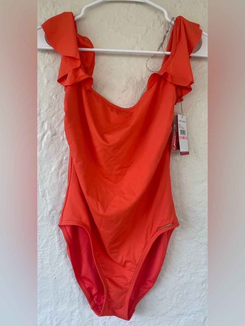 NWT Vince Camuto Women's Orange One Piece Ruffle Sleeve Swimsuit Size 10